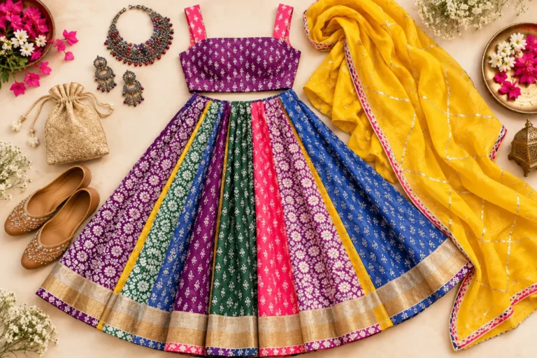 Printed lehenga styling arrangement showing a colourful skirt, contrasting dupatta, statement earrings, understated footwear and a coordinated handbag.