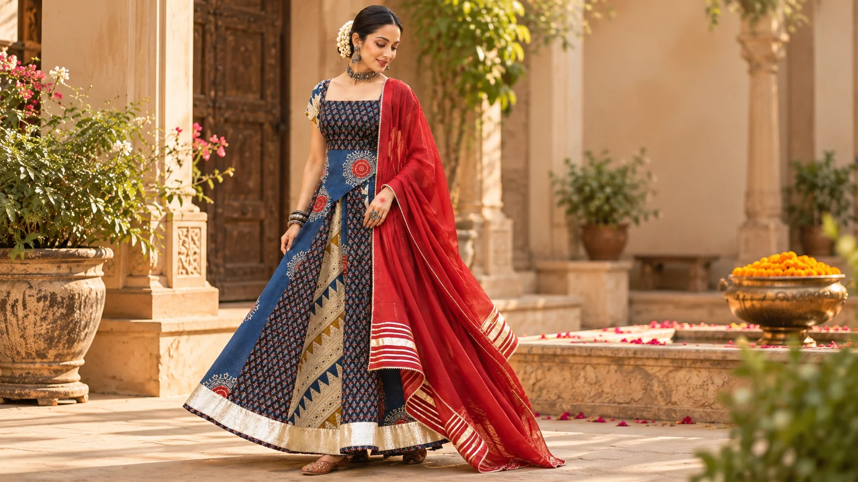 Woman wearing a navy printed lehenga with a red dupatta and gold-toned borders in a traditional courtyard, illustrating printed lehenga styling for festive occasions.