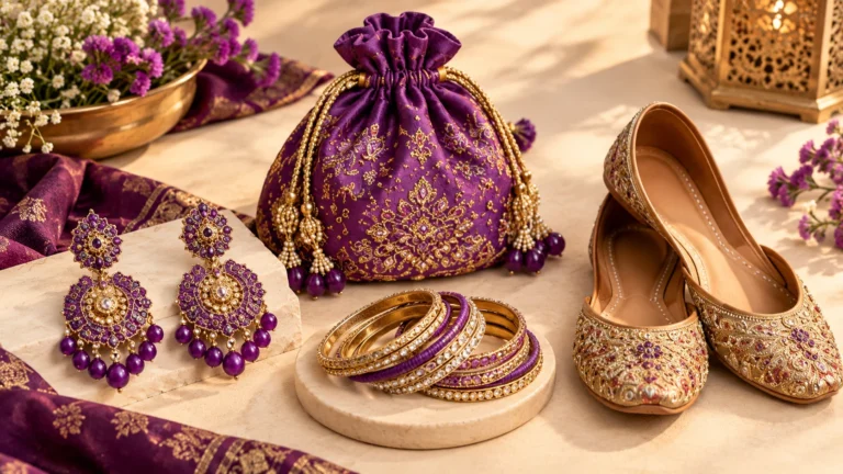 Purple statement earrings, gold-toned bangles, an embellished potli bag and neutral traditional juttis arranged as accessories for a purple ethnic suit.
