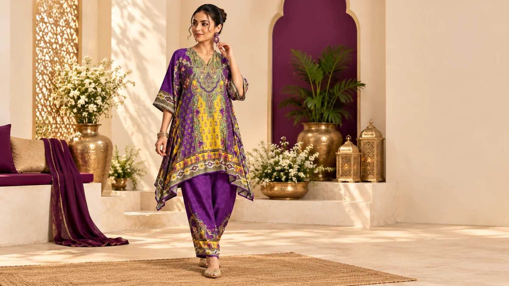 Purple ethnic suit styling with a printed purple and yellow kurta, matching trousers and coordinated traditional accessories.