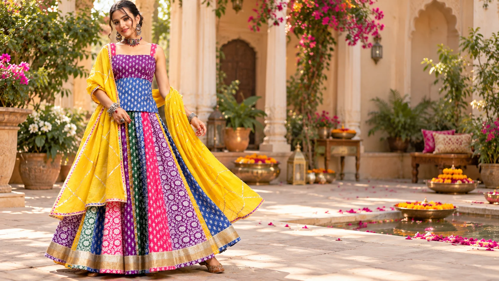 Ready-to-wear lehenga styling inspiration showing a colourful printed lehenga with a contrasting dupatta and coordinated festive accessories.
