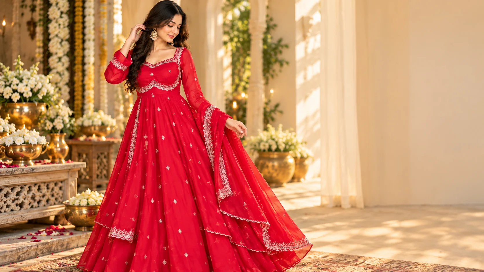 Red Anarkali kurta set styled for festive occasions with a flowing silhouette, decorative neckline and matching dupatta.