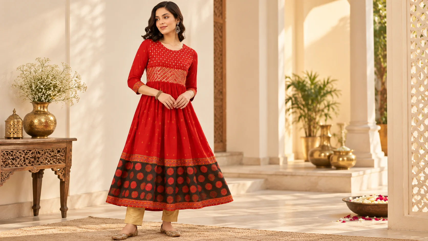 Red Anarkali kurta styling with gold bodice detailing, a dark patterned hem, beige trousers and coordinated festive accessories.
