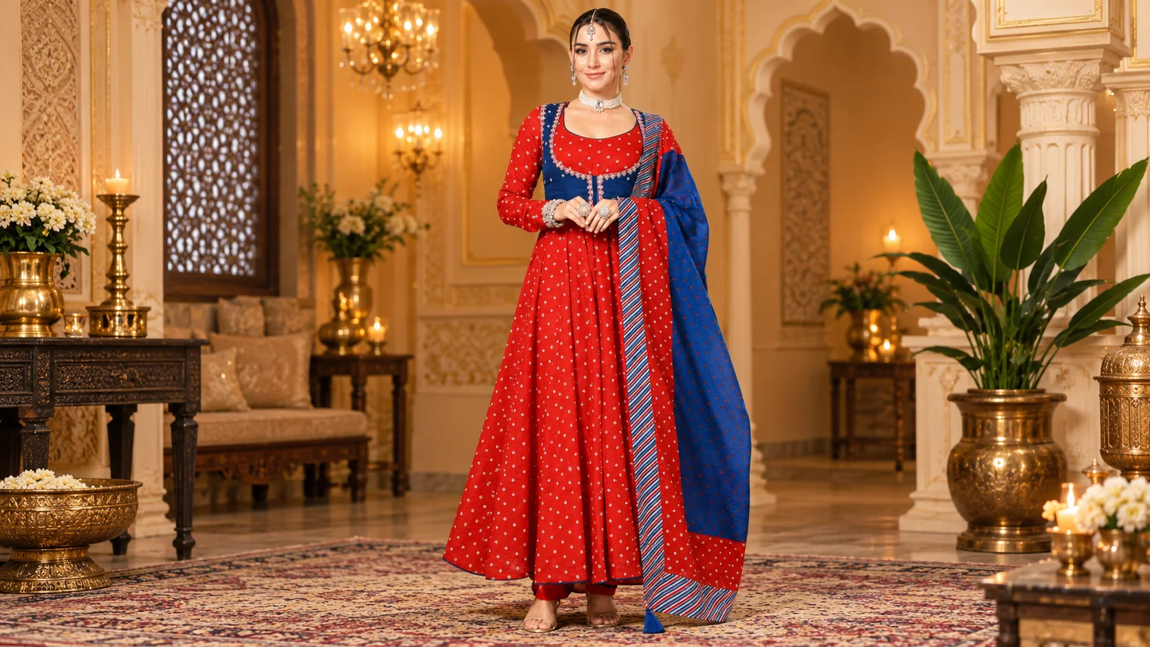 Red and blue Anarkali kurta set with printed flowing silhouette, coordinating dupatta, statement Jewellery and festive styling details in an elegant traditional setting.