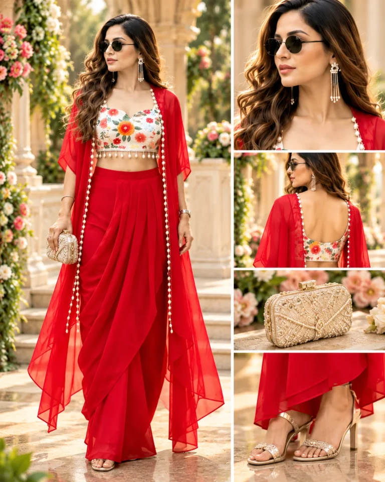 Red draped skirt set styled with one statement jewellery focal point and restrained complementary accessories