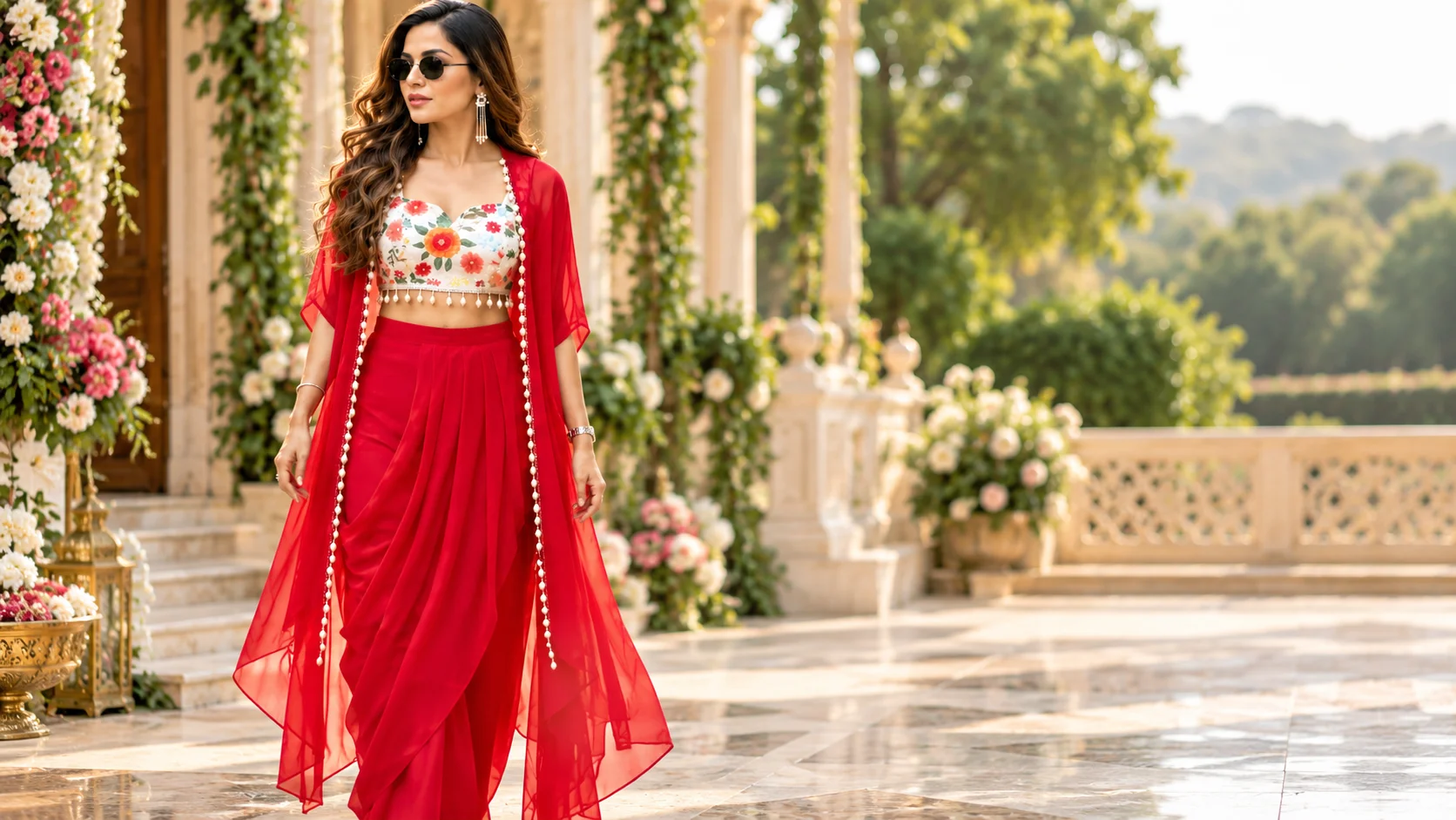 Red draped skirt set styling with floral crop top and flowing sheer layers for a polished festive women's fashion look