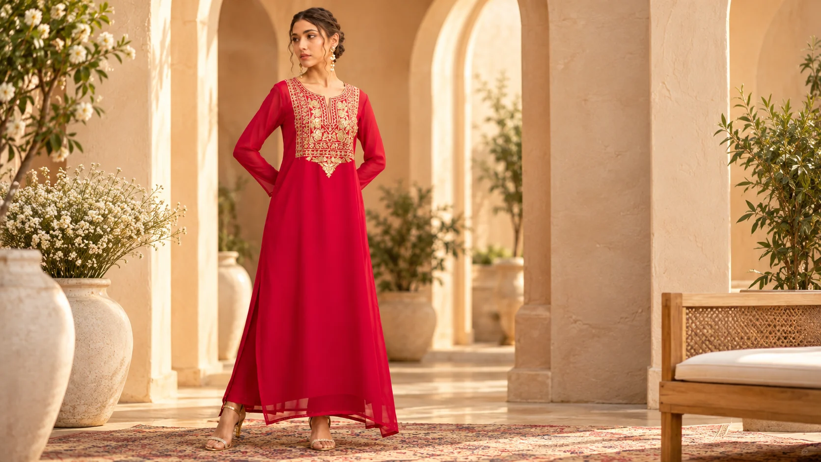 Red embroidered georgette maxi ethnic dress with gold motifs and long sleeves styled against a warm neutral backdrop.