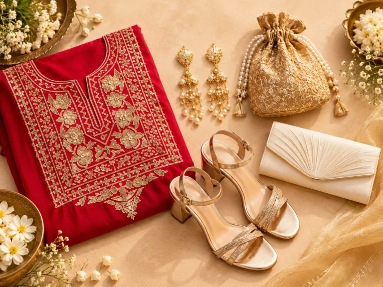 Gold drop earrings, a gold potli bag, metallic sandals and an ivory clutch arranged beside red fabric to illustrate accessories for a red embroidered ethnic dress.