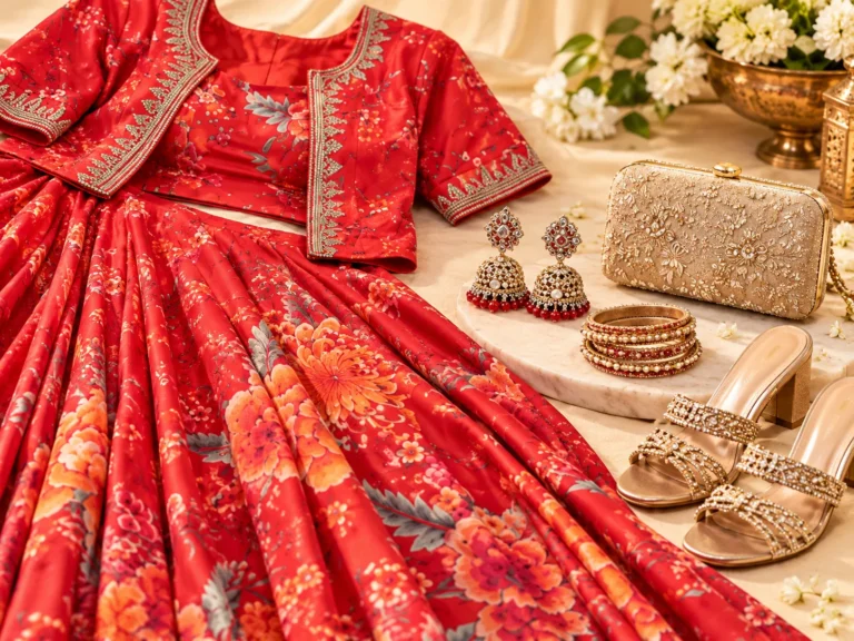 Red floral lehenga styling accessories featuring gold-tone earrings, coordinated bangles, a beige clutch and embellished sandals.