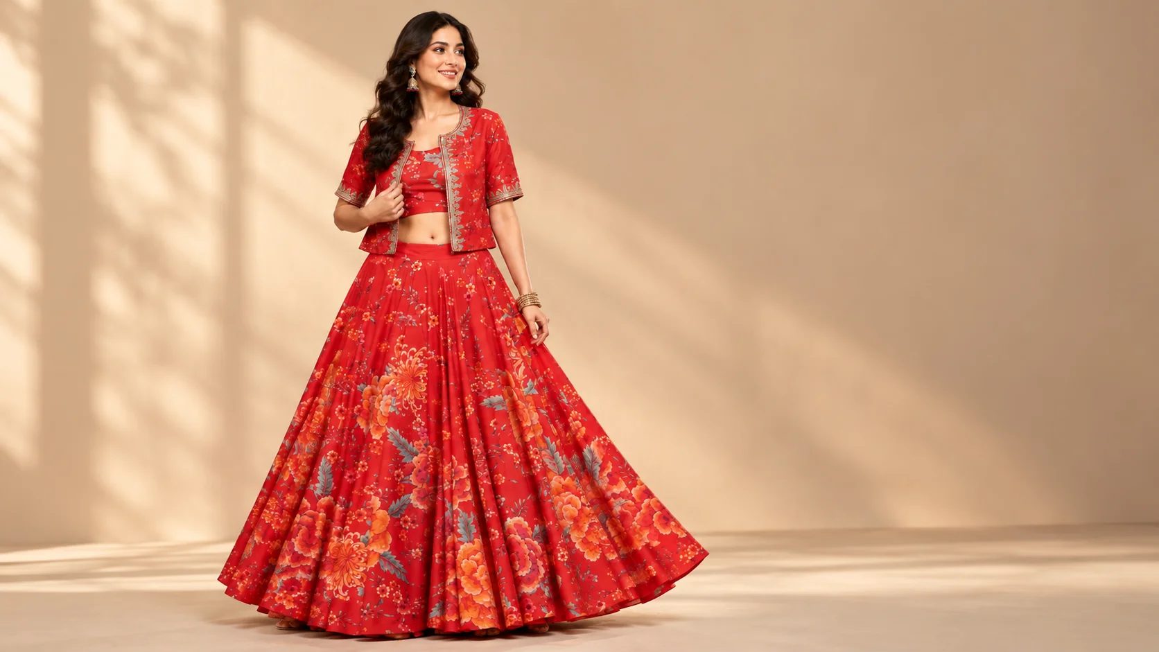 Red floral lehenga with a matching crop blouse and embroidered koti styled for an elegant festive occasion.