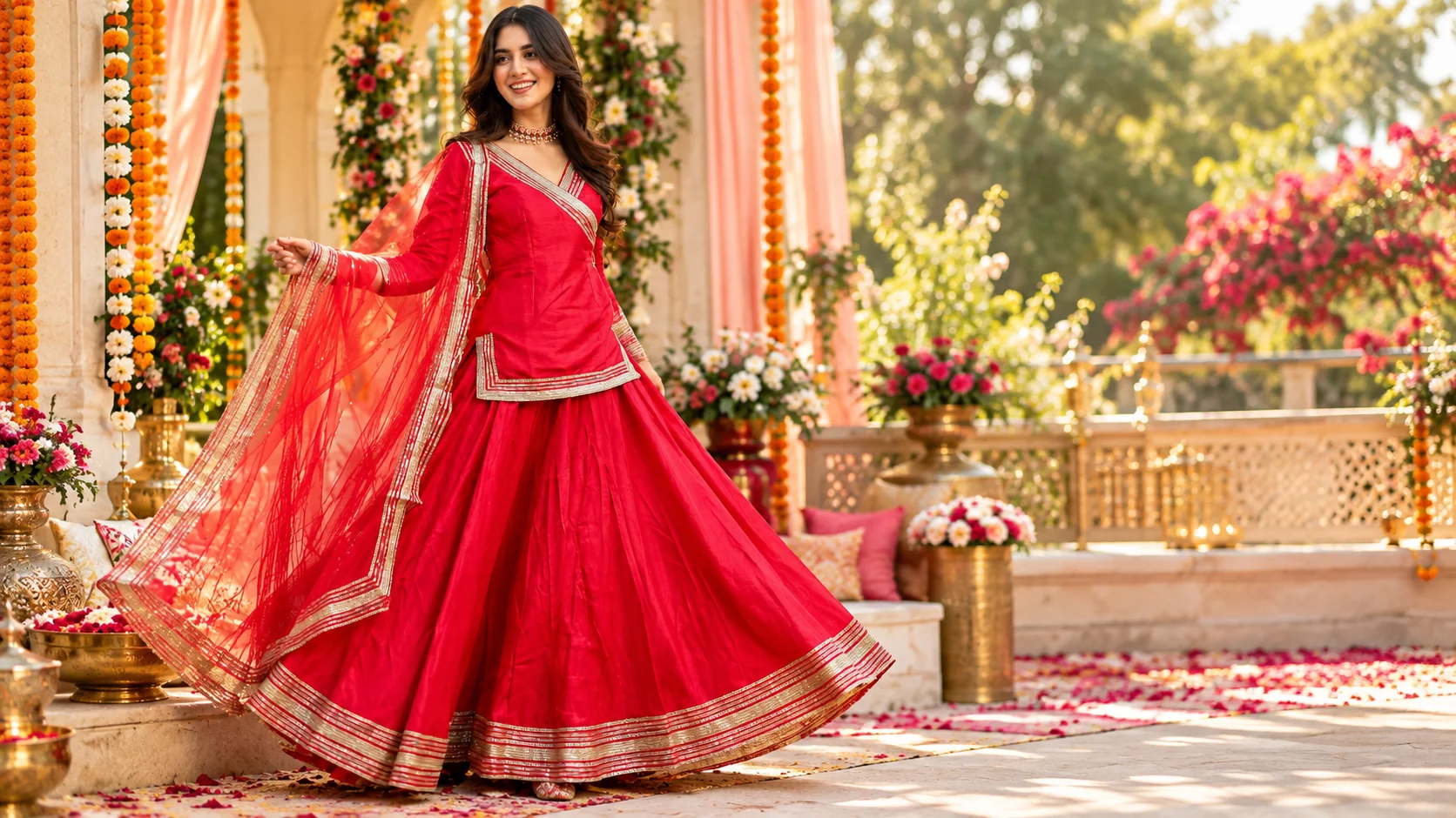 Red lehenga styling guide showing a woman in a vibrant red V-neck lehenga with a flowing flared skirt, metallic border detailing and sheer dupatta, styled for an elegant festive or wedding occasion.