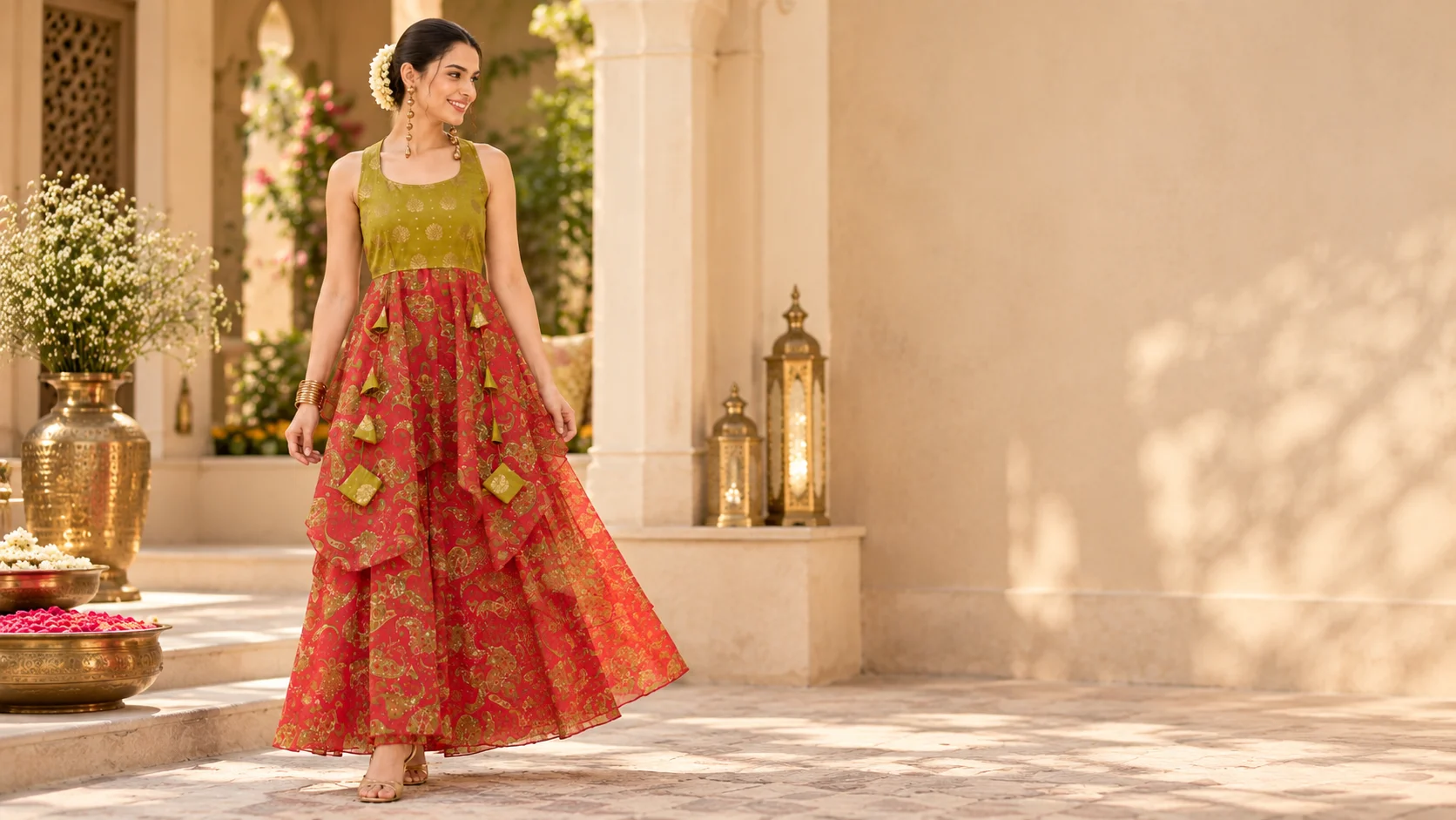 Red and olive ethnic dress with a gold-patterned bodice, coral-red paisley skirt and layered ruffles, styled with gold-toned earrings, bangles and metallic heels for a festive occasion.