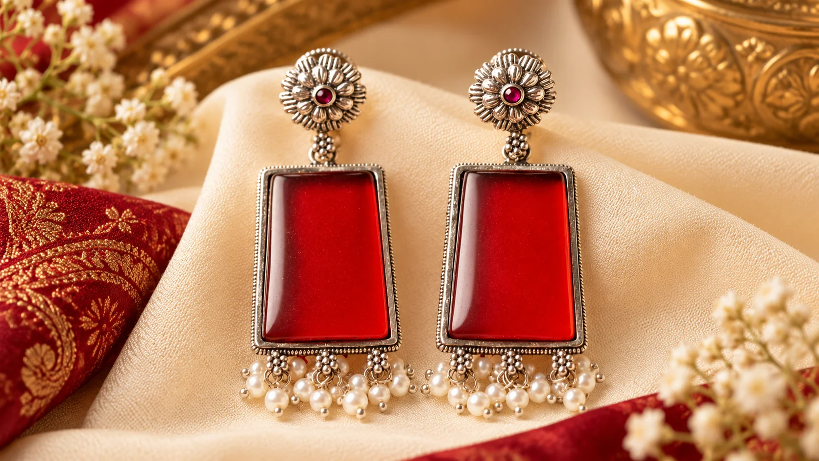 Red stone earrings with ornate floral detailing, silver-toned framing and pearl-like dangling accents styled against warm cream and burgundy tones for an elegant festive Jewellery look.
