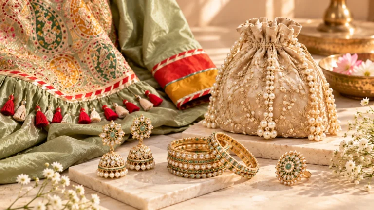Sage green lehenga styling accessories including gold-toned jhumka earrings, bangles and a beige embroidered potli bag.