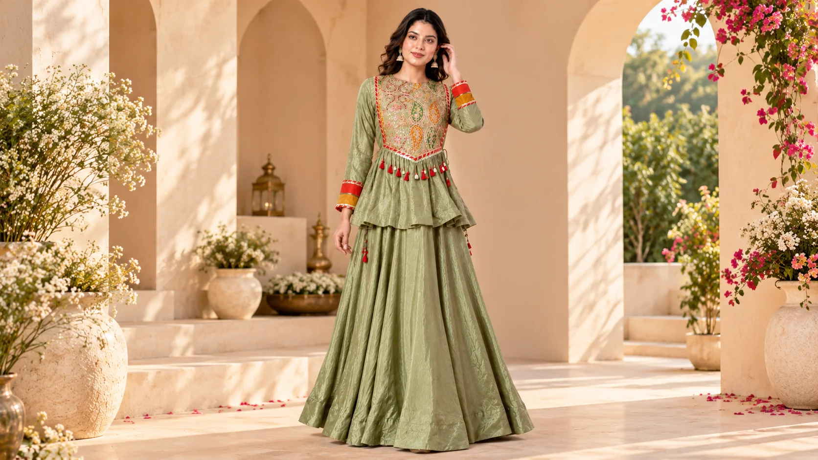 Sage green lehenga styling with a colourful embroidered peplum top, flowing skirt and contrasting red and mustard details.
