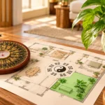 Southeast and wealth in Feng Shui illustrated by a Bagua-style floor plan, compass and green plant.