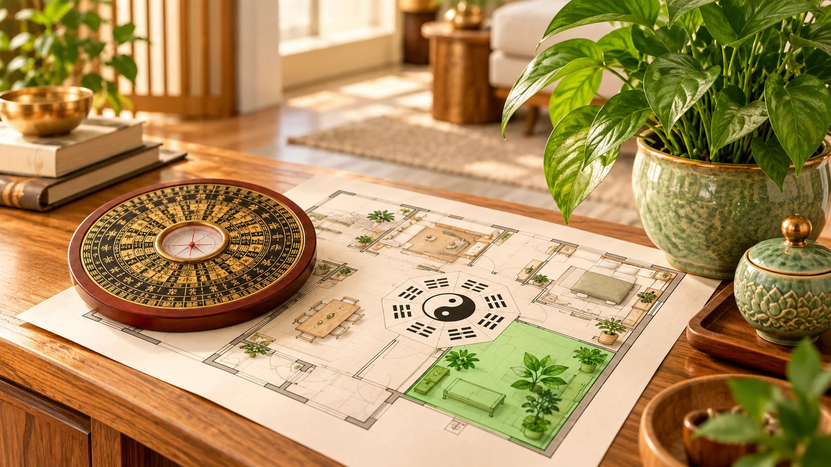 Southeast and wealth in Feng Shui illustrated by a Bagua-style floor plan, compass and green plant.