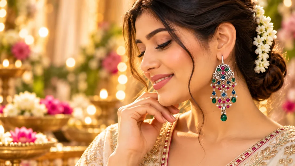 Statement ethnic earrings with colourful green, pink and blue details, silver-toned filigree and pearl-like drops styled with a festive Indian outfit.