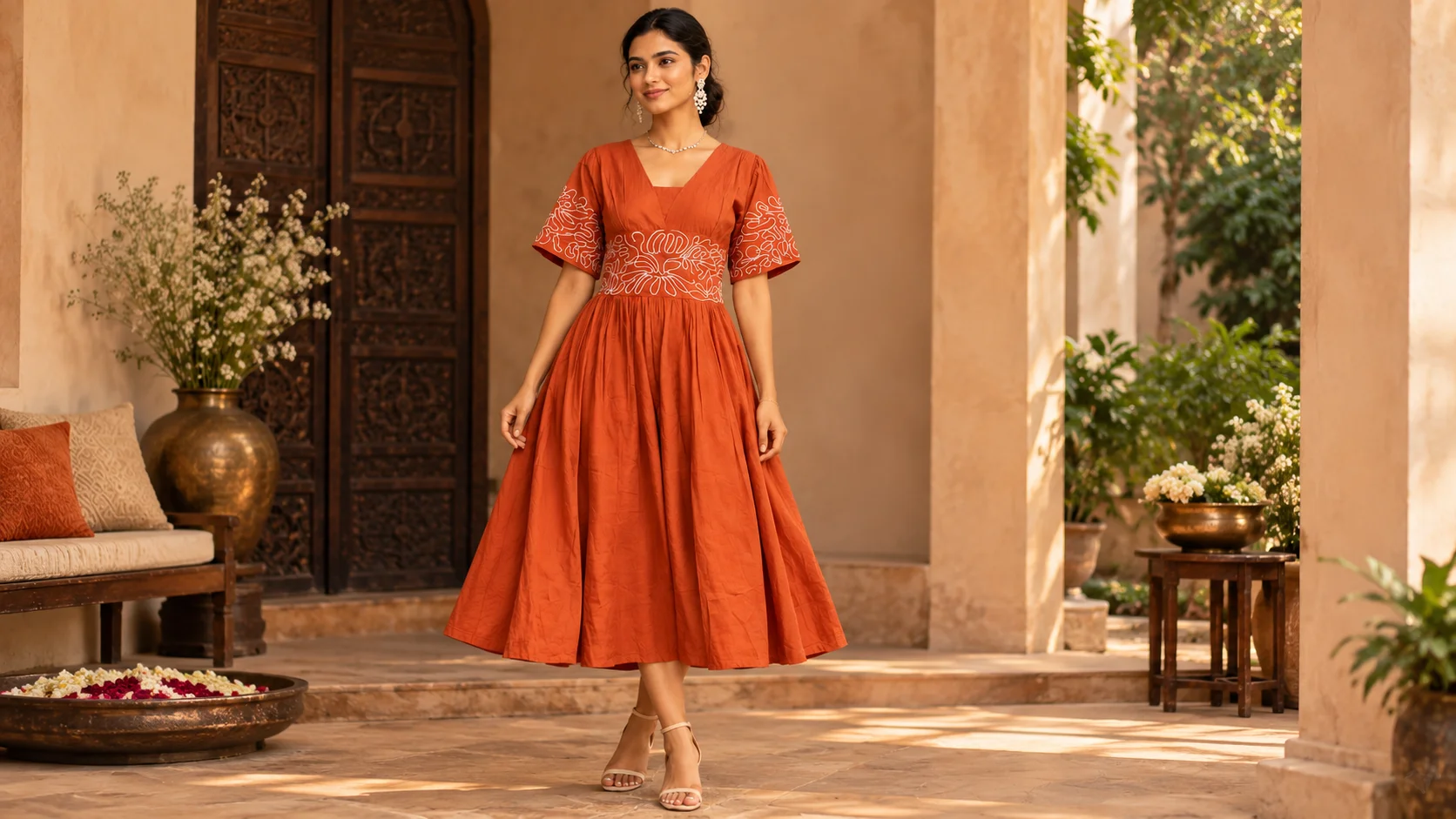 Terracotta midi dress with ivory abstract embroidery, V-neckline, short sleeves and a flared A-line skirt styled with understated jewellery in a warm neutral setting.