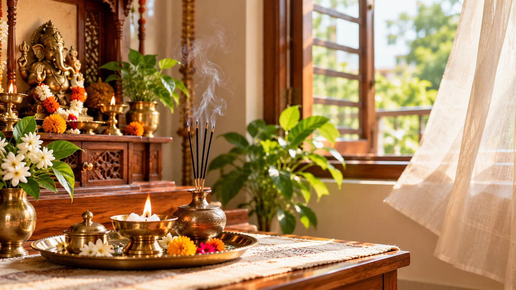 Vastu cleansing with camphor and incense in a well-ventilated Indian prayer space