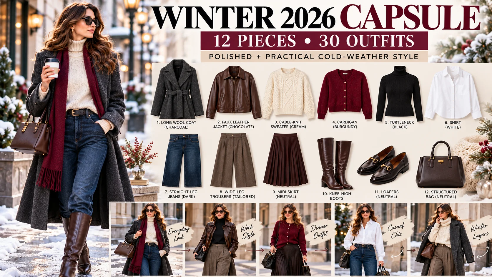 Winter 2026 capsule wardrobe for women featuring a charcoal coat, chocolate jacket, cream cable-knit sweater, burgundy cardigan, black turtleneck, white shirt, dark jeans, tailored trousers, midi skirt, knee-high boots, loafers and a structured handbag.