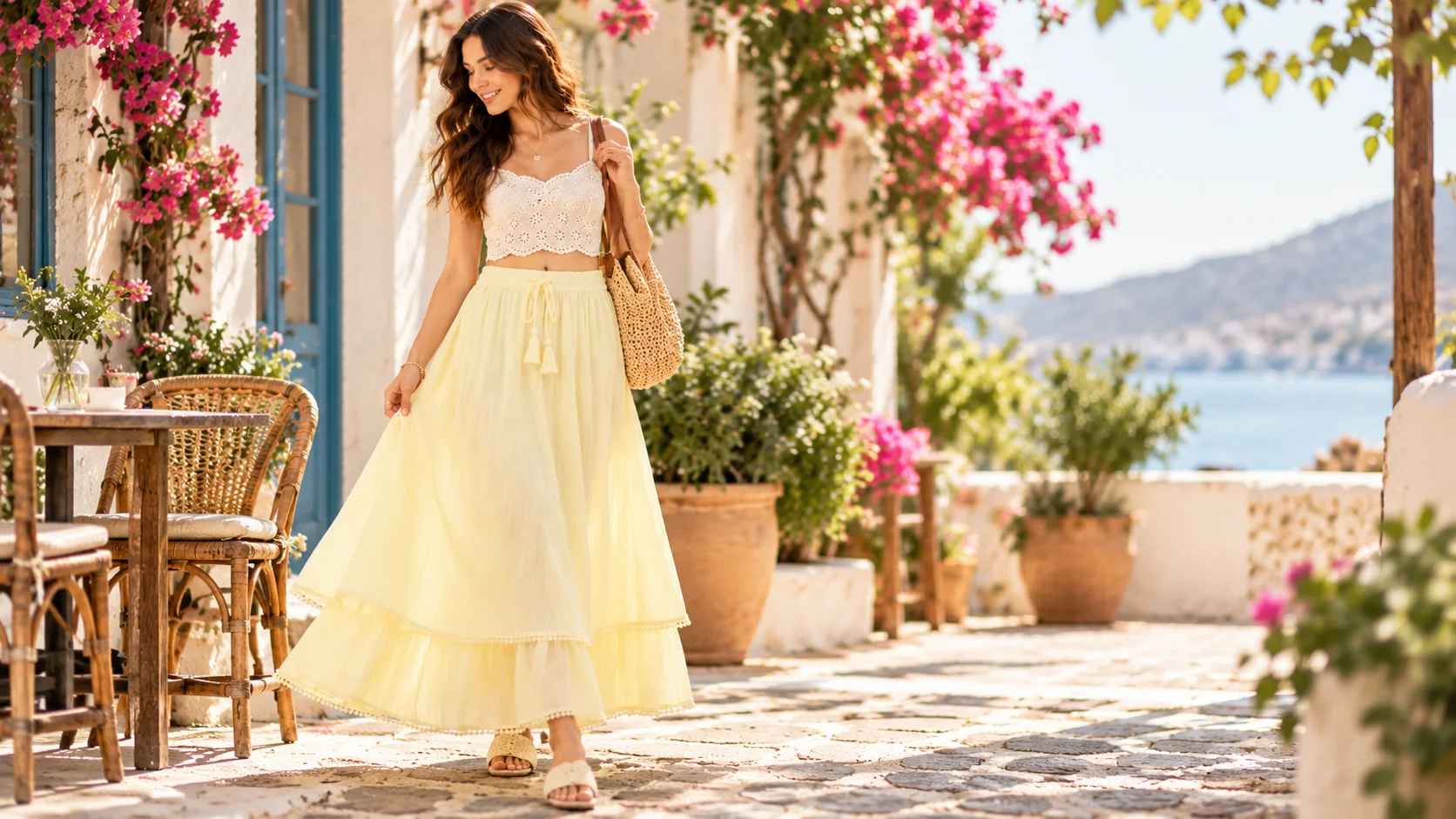 Yellow layered maxi skirt styled with a simple cream top and neutral accessories for an effortless summer outfit.