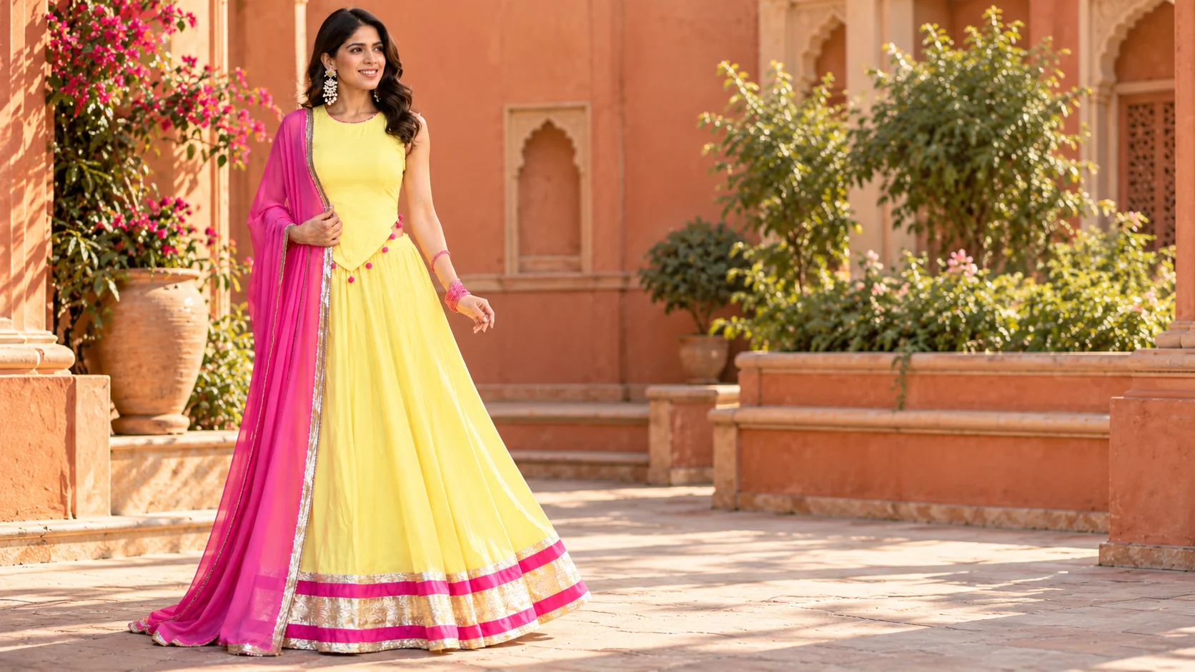 Yellow lehenga styling ideas featuring a fuchsia-pink dupatta, gold borders and coordinated festive accessories.